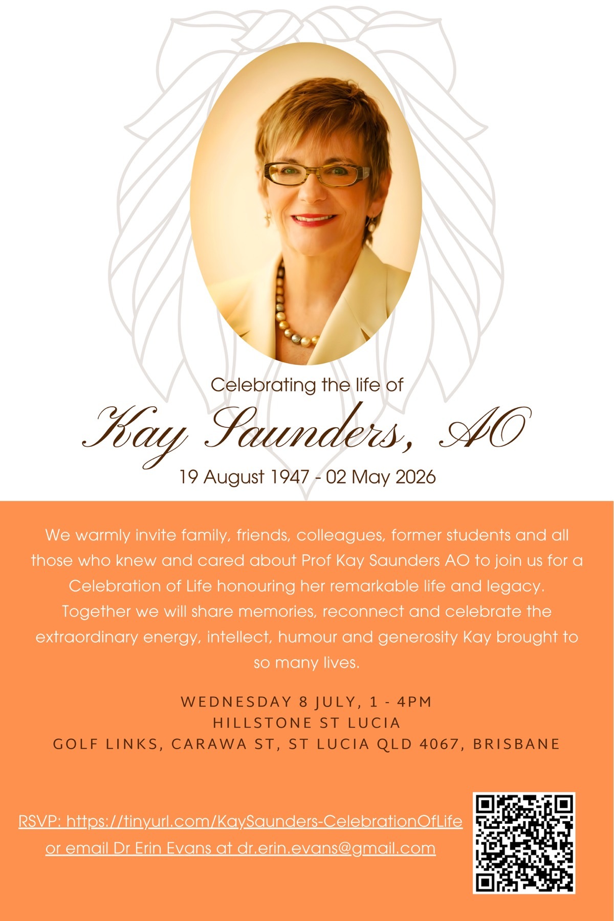 Celebration of Life invitation for Kay Saunders AO